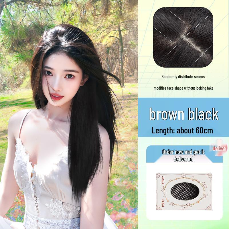 Schwarze lange gerade Perücke im koreanischen Stil mit Mittelscheitel und Pony - Vollkopfbedeckung für Damen