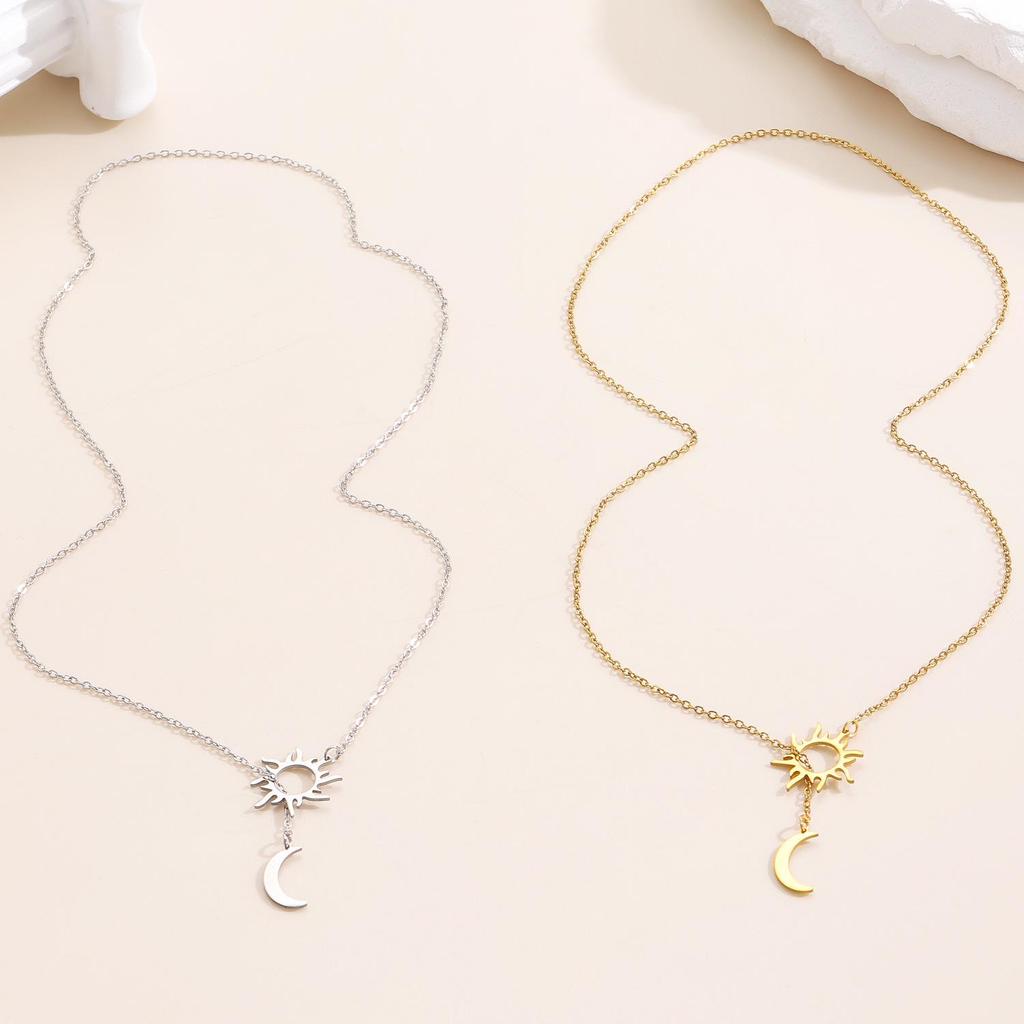 Stainless Steel Adjustable Double Layer Sun & Moon Pendant Necklace - Light Luxury Style