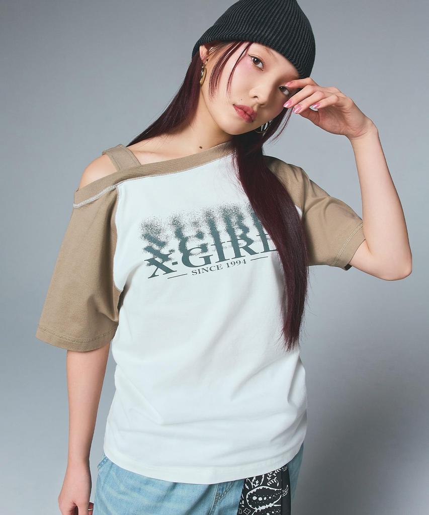 Casual Blurred Logo Layered Shoulder White X-girl Tee, Women's,
