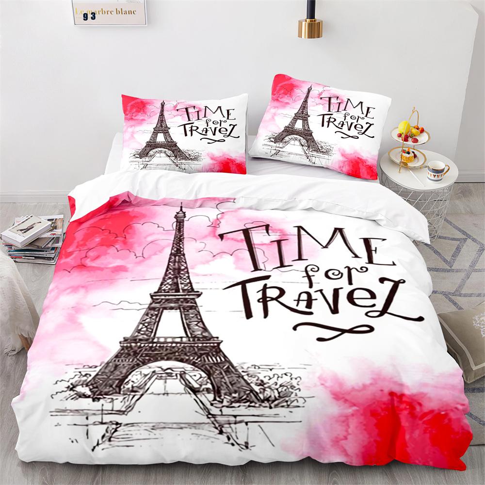 Paris Eiffel Tower Themed Couple Duvet Cover Set Cityscape Comforter Cover Romantic Polyester Bedspread Cover Pink Floral King