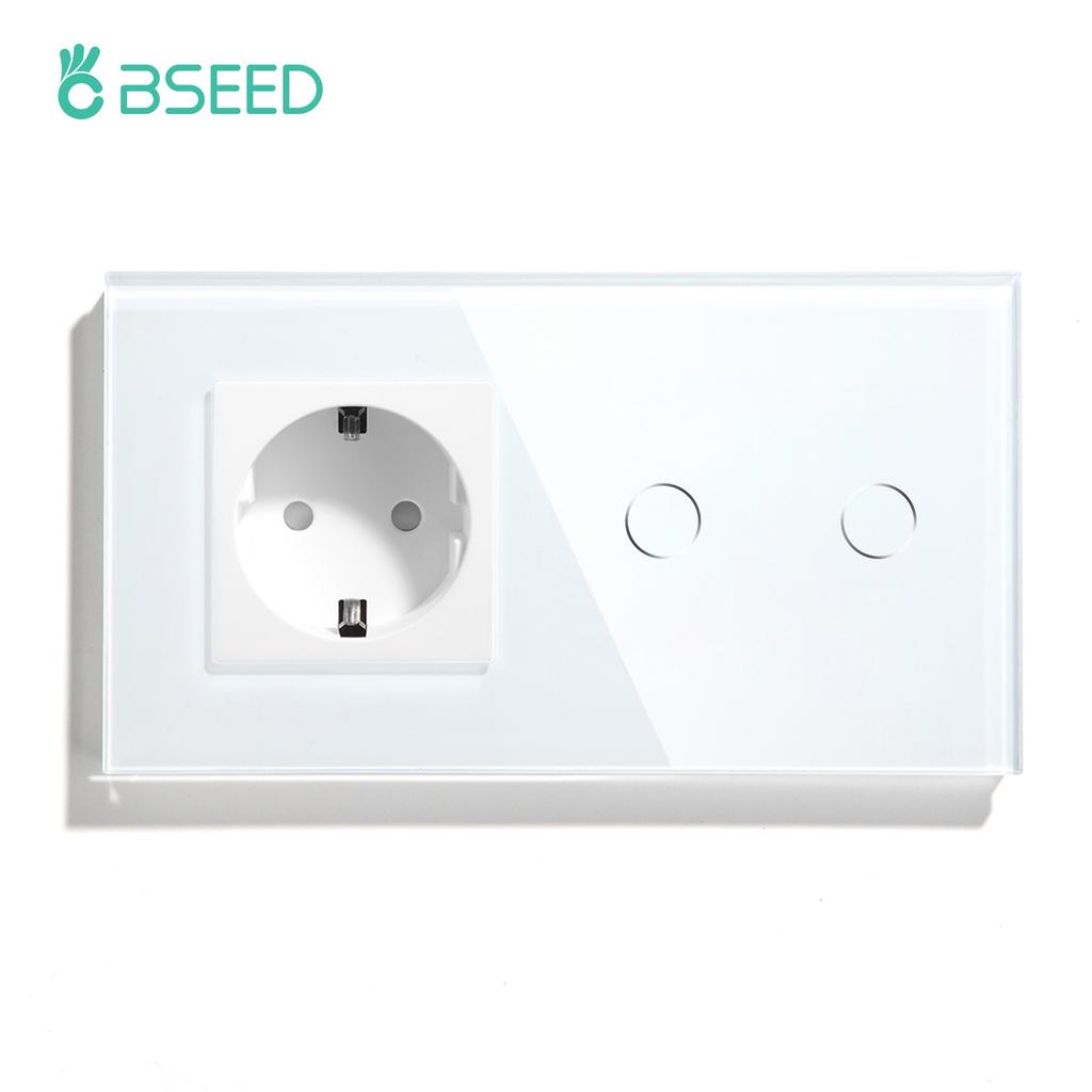 BSEED 1/2/3Gang Touch Light Switch 1/2/3Way Sensor Stair Switches Plus Wall Socket EU Standard Glass Panel Blue Back Light 10A