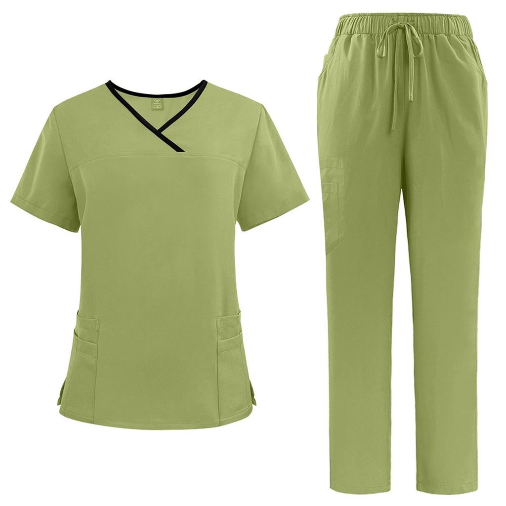 Women's Quick Drying Fabric Solid Color V-neck Pocket Short Sleeved Pants Set Workwear