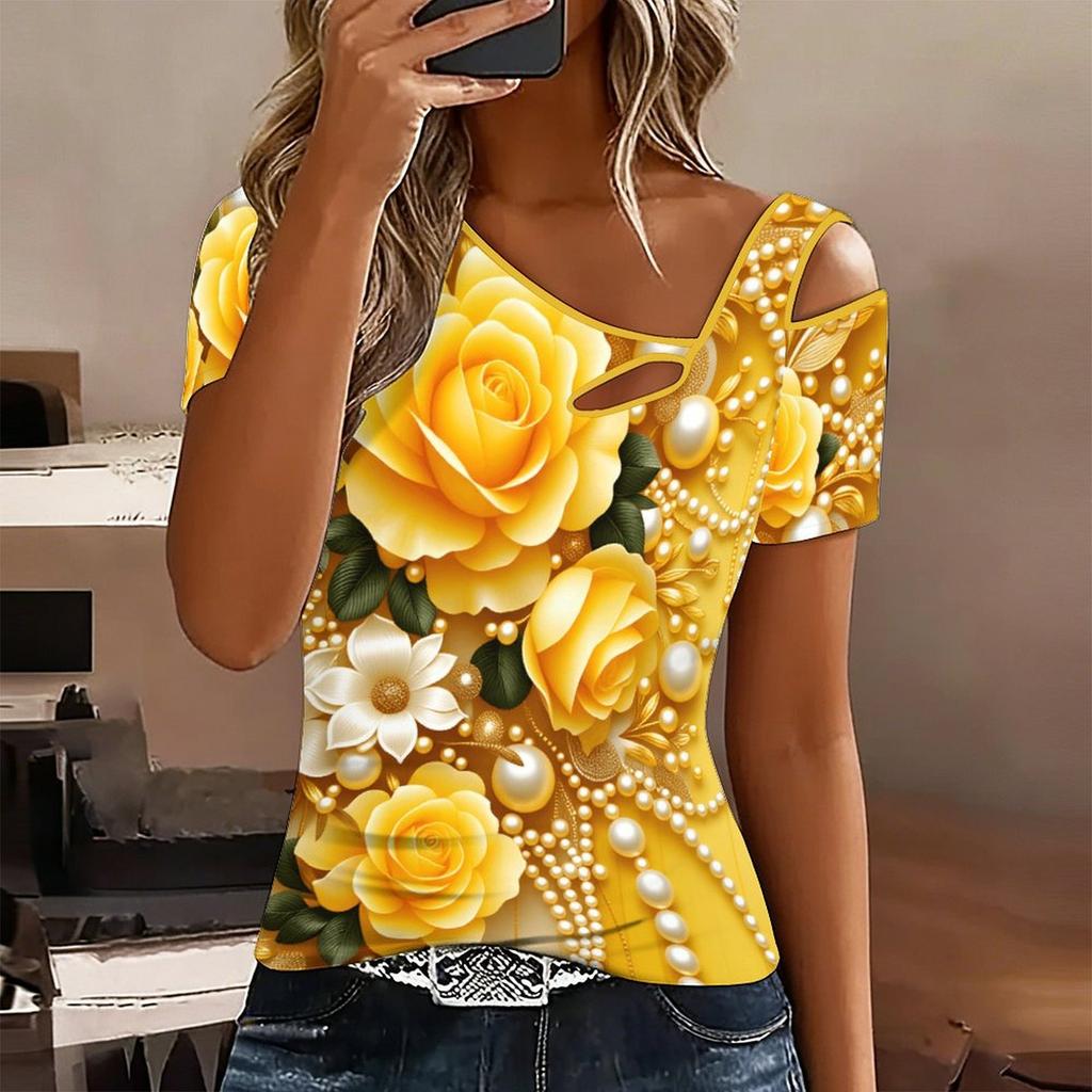 T-shirt da donna a maniche corte con stampa a forma di cuore, spalle scoperte, scollo irregolare con ritaglio, top casual estivo