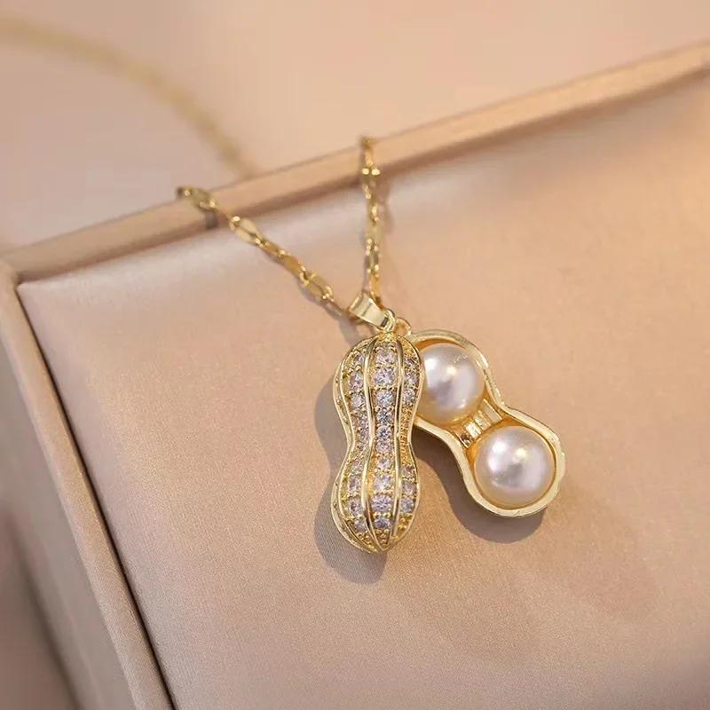 Christmas Gift for Women Peanut Necklace Women White Fake Pearl Necklace Clavicle Pendant Jewelry Titanium Creative Gift