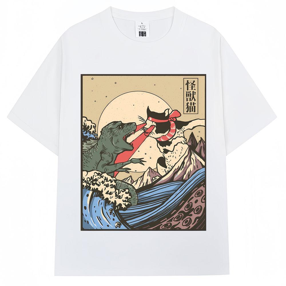 Japanese Style Kaiju Vs Cat Funny Meme Graphic Tshirts Men Women Fashion Vintage Manga T Shirts Oversized Cozy Cotton T Shirt