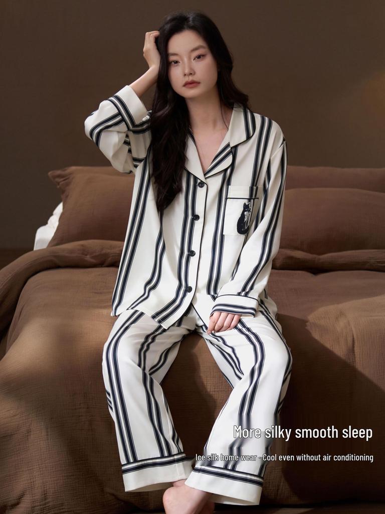 Women's Striped Thin Ice Silk Pajama Set, Long Sleeve, Spring/Autumn Style, High-End Feel for Indoors or Outdoors