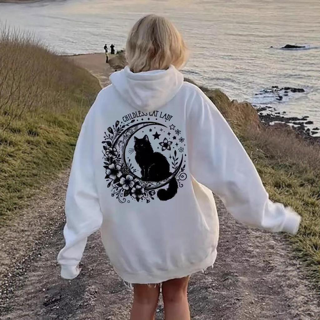 Ladies Spring Autumn Casual Hooded Long Sleeve Big Pocket Flower Moon Cute Cat Printed Pullover Hoodies Sweatshirt Top