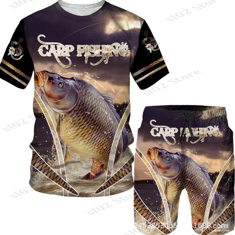 New Men's Short Sleeve Shorts Set Fashion 3D Digital Fish Printing Men's Beach Casual Set