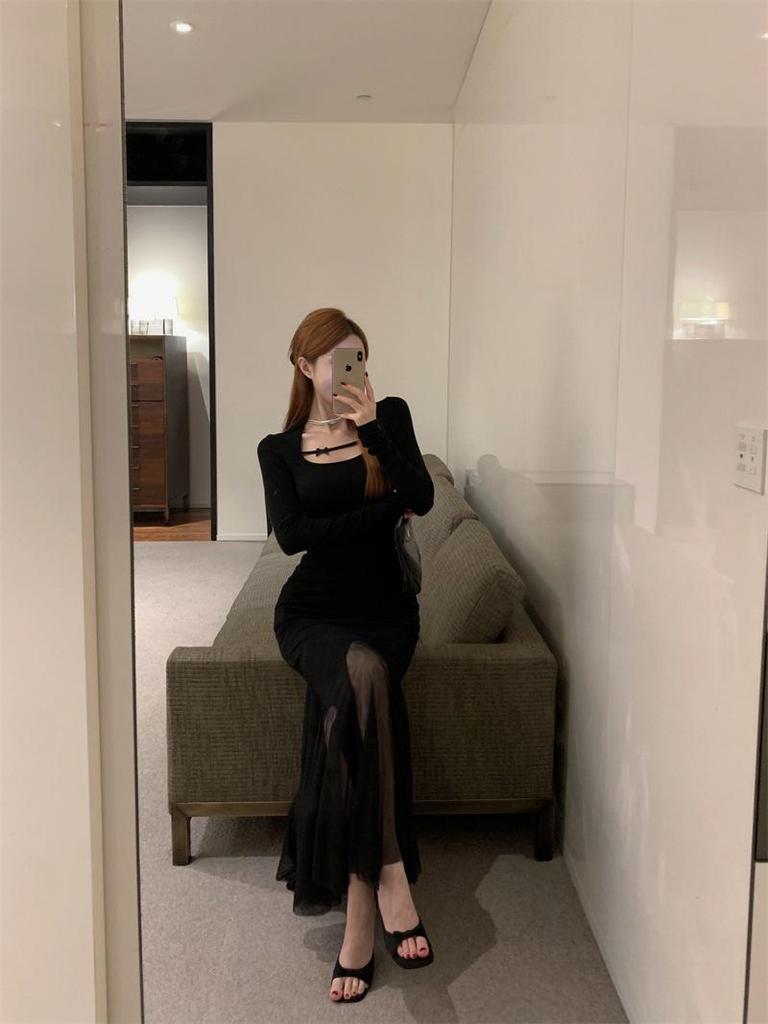 Elegant Plus Size French Style Black Mesh Fishtail Dress with Inner Long Skirt