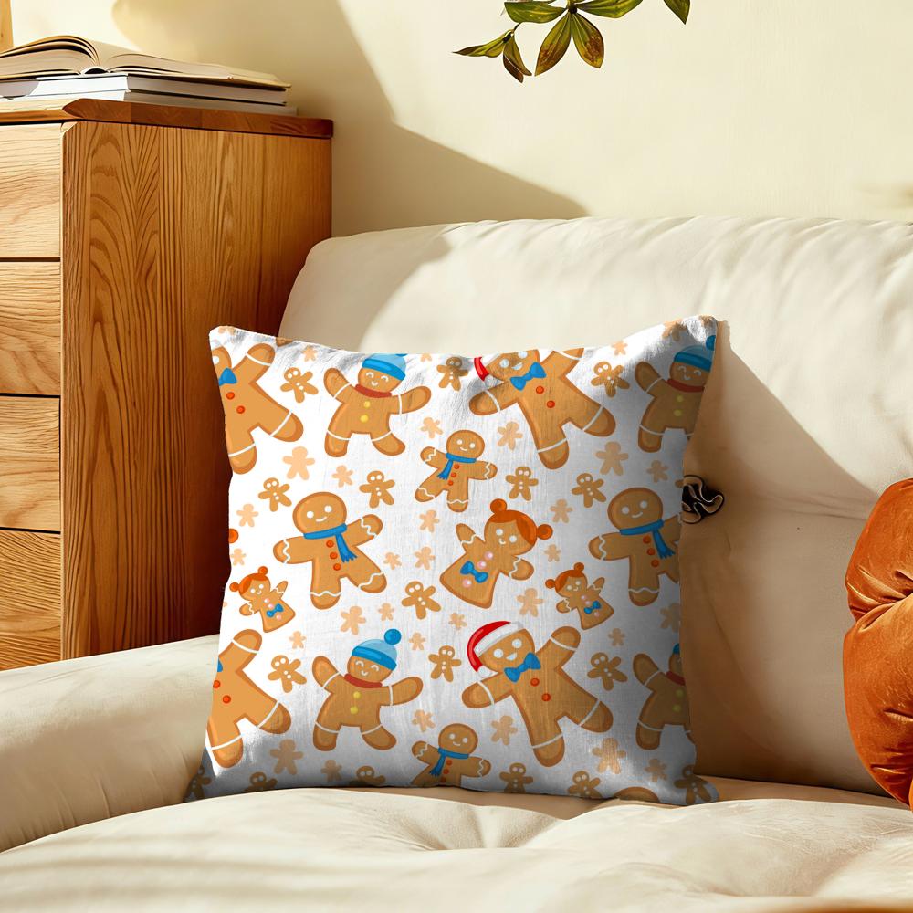 Festive Gingerbread Pattern Cushion Cover Plush Fabric Soft DoubleSided Printed Sofa Warm Winter Home Gift Pillow Cover
