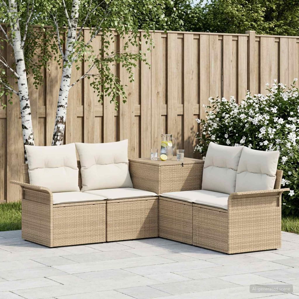 Sofa Set 5 Pieces Beige and Cream White Poly Rattan and Steel