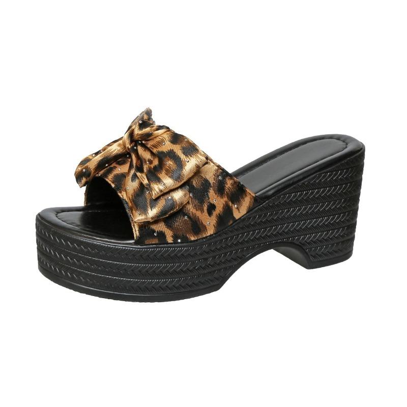 Fashion Shoes Female 2025 New Plus Size Women's Slippers Fashion Leopard Print Casual Outdoor Summer Butterfly-knot Platform Slippers