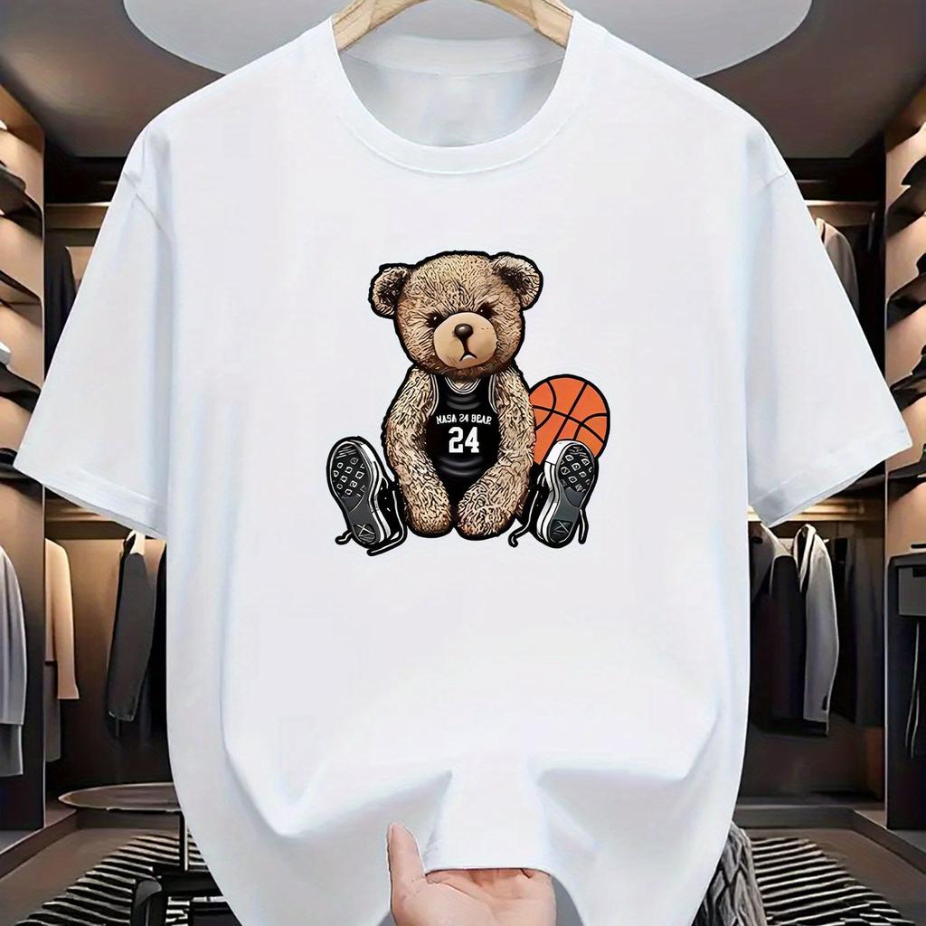 Men's Summer 100% Cotton Fashion Casual Loose Large Size Casual Bear Print Sports Round Neck Short-sleeved T-shirt Tops