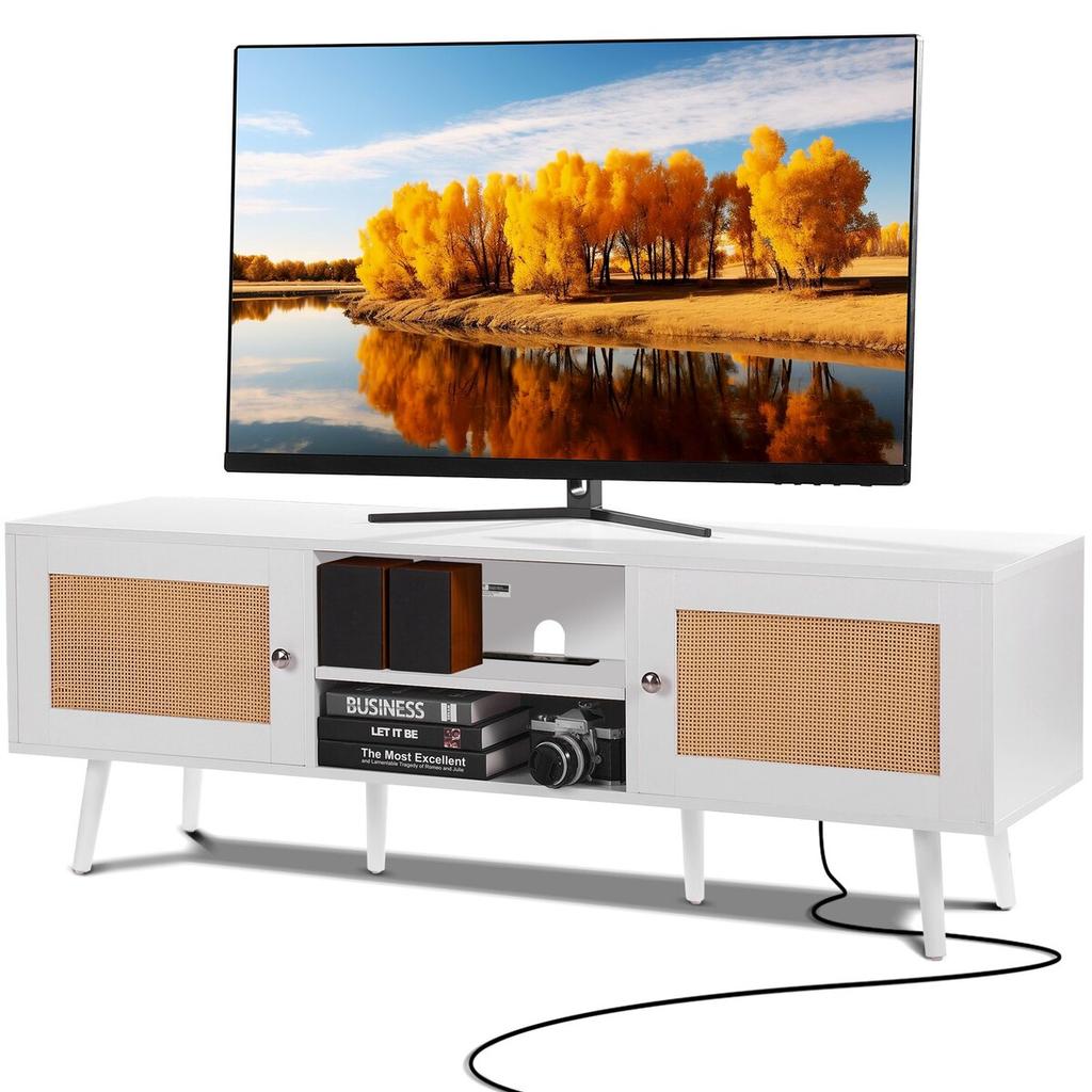 Rattan TV Stand for 65" TV Boho TV Stand with Build-in Socket White