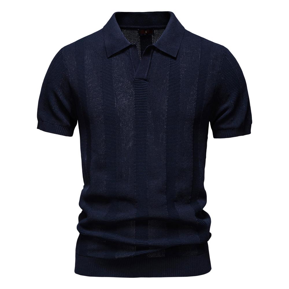 AIOPESON 2026 Men's Knitted Mesh Polo Shirt Solid Striped Breathable Turn Down Collar Sweater Polo