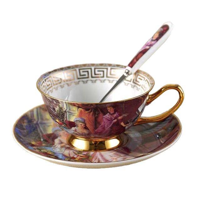 Juego de Tazas de Té y Café de Porcelana Ósea Pintada en Oro Retro Europeo