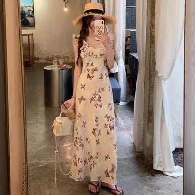 French Coffee Break Butterfly Print Lotus Leaf Edge White Dress Female Slim and Thin Summer Seaside Vacation Long Skirt
