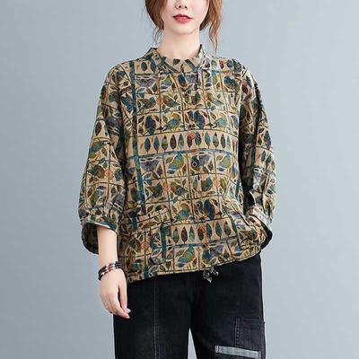 Retro Literary Cotton and Linen Shirt Large Size Loose Printed Blouse Women