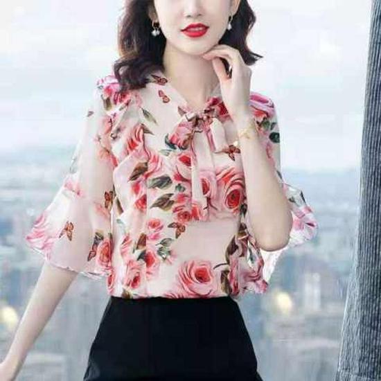 Women's Floral Chiffon Blouse with Bow - 2025 Summer Fashion, Flare Sleeves, Elegant Fairy Style.