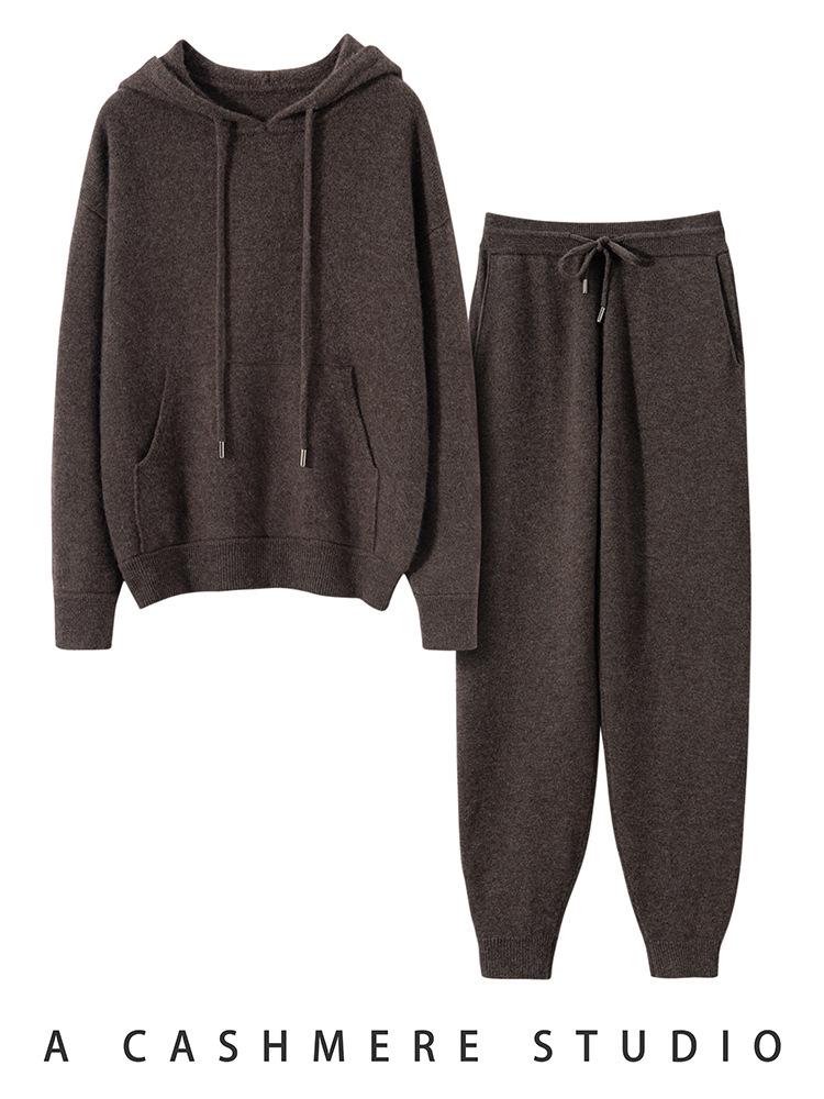 Women's Loose Fit Hooded Cashmere Sweater Set - 2026 Autumn/Winter Solid Color Gentle Style Base Layer.