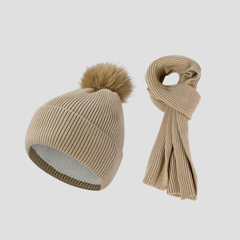 Knitted Hat Scarf Set Women's Autumn Winter Thick Fur Ball Wool Hat Outdoor Ear Protection Warm Hat