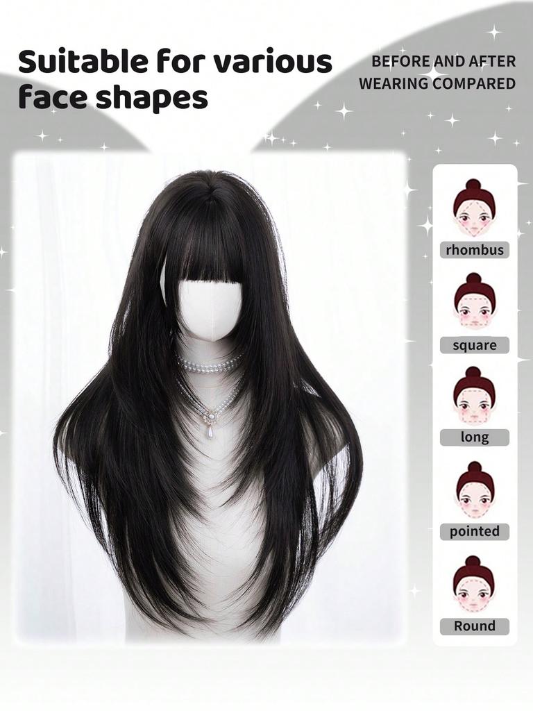 Ashely Black Brown Synthetic Heat-Resistant Straight Hair Wigs with Bangs Suitable for Daily Use Natural and Realistic False Wig