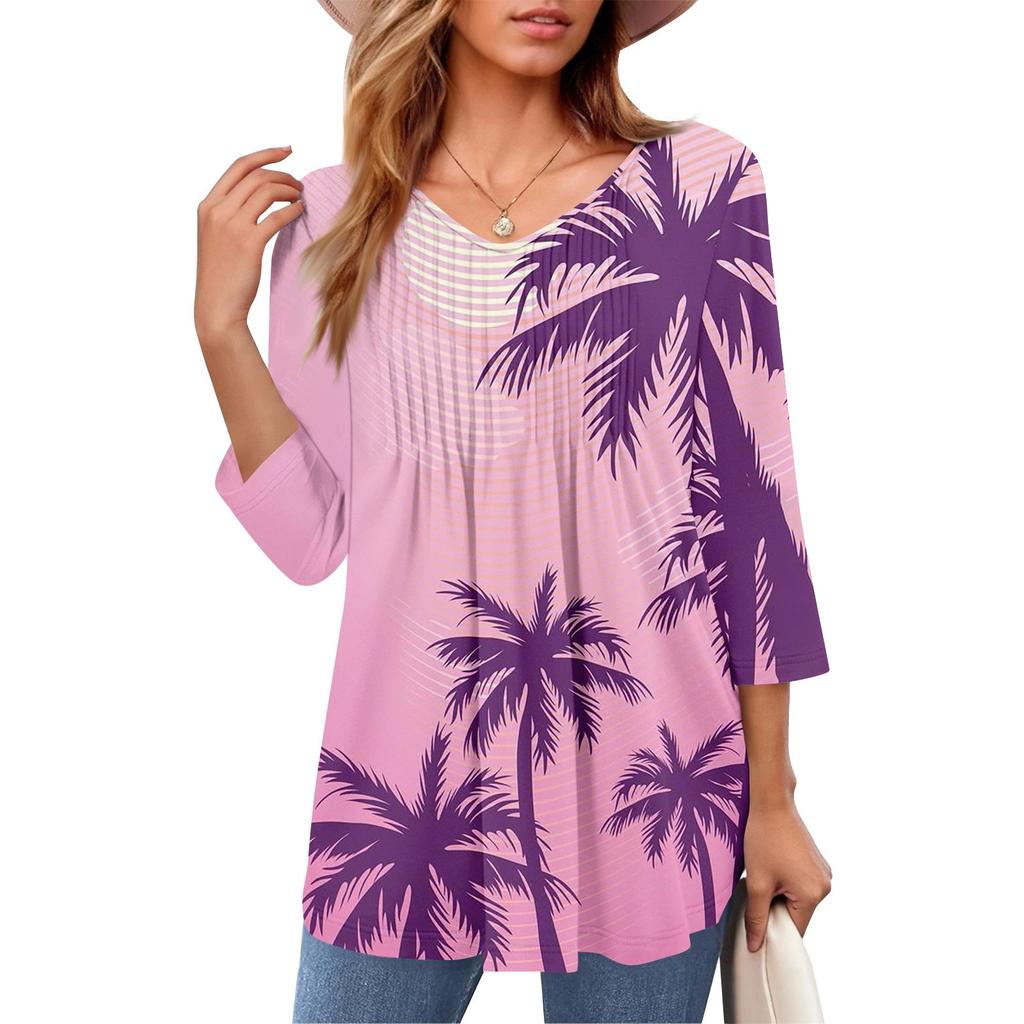 Damen Tops V-Ausschnitt Dreiviertelärmel Gestreift Plissee Casual Sommermode Shirt Tops