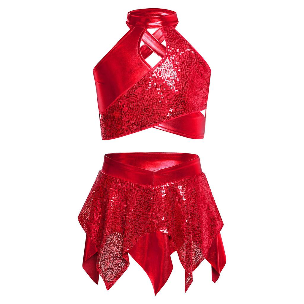 Mädchen Jazz Tanzkostüm Überkreuztes Schlüsselloch Glänzende Pailletten Metallic Crop Top Asymmetrischer Rock Performance Outfit