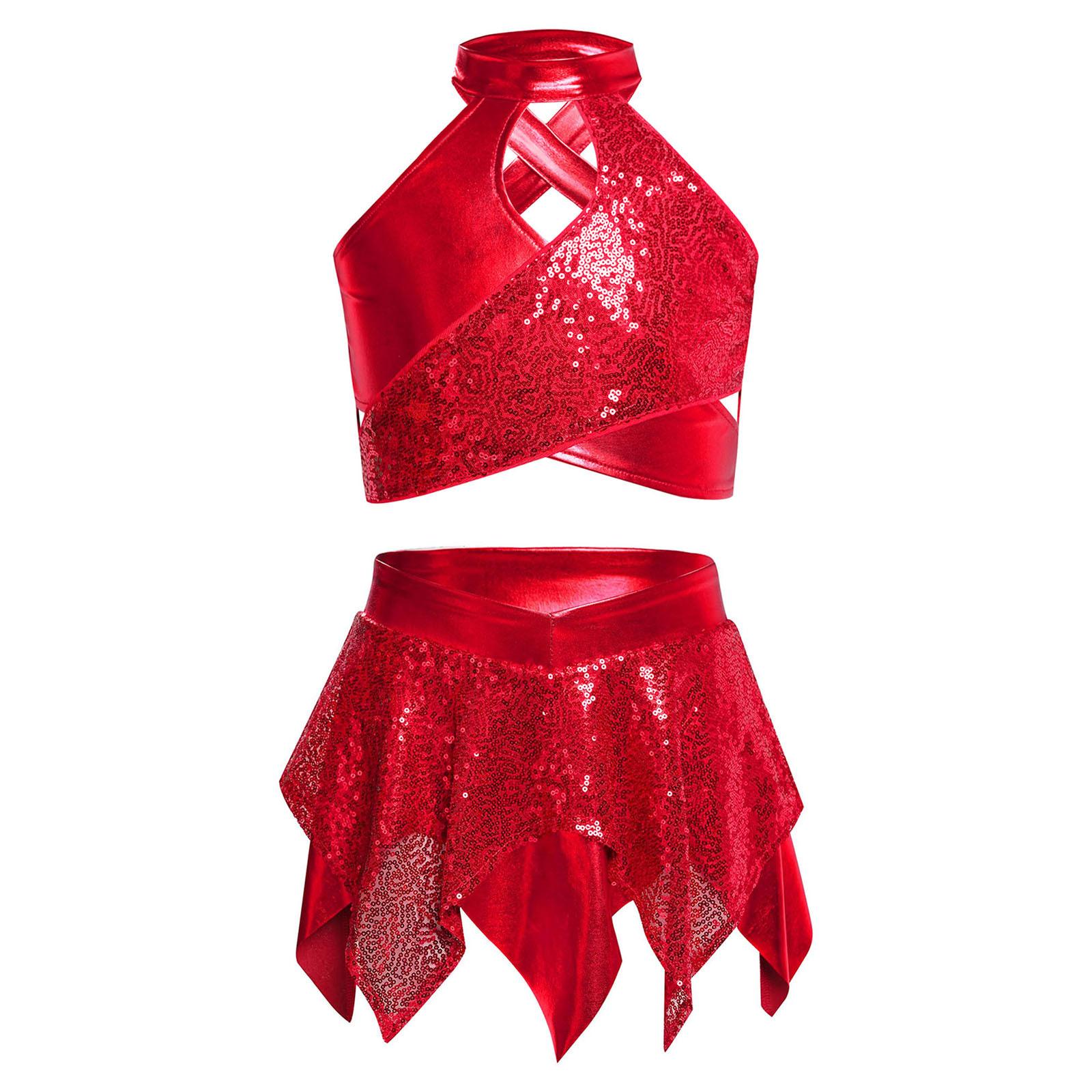 

Костюм для джазового танцю для дівчаток Блискучі паєтки Металевий кроп-топ Дизайн з перехрещеною замочною щілиною Асиметрична спідниця Одяг для виступу/змагань червоний