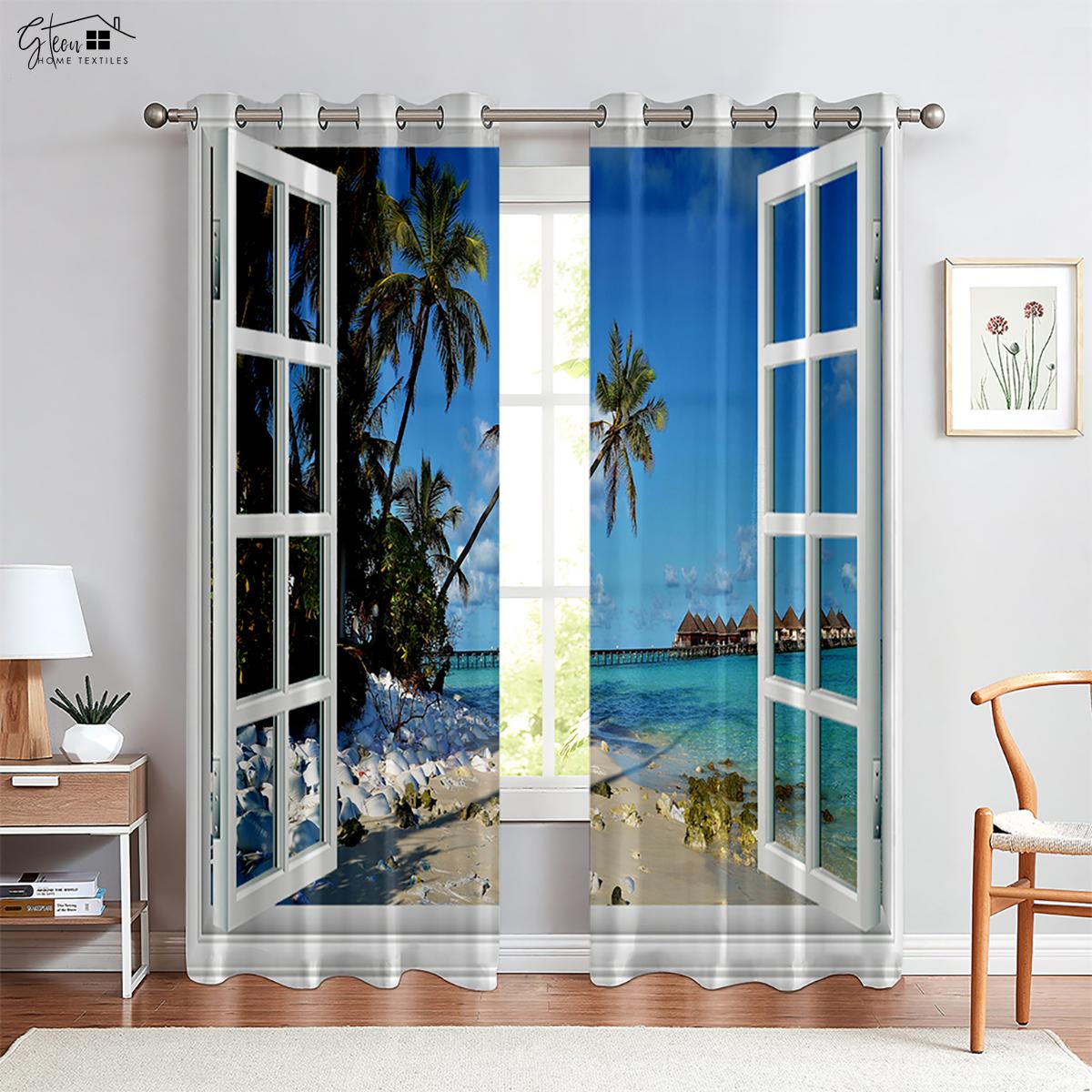 3D-gedruckte Fenstergardinen Ideal für Meeresblick Himmel Mittelmeer-Stil Vorhänge Geeignet für Schlafzimmer Wohnzimmer Gästezimmer Dekorative Vorhänge W50xH130(CM)x2PCS&Grommet Top