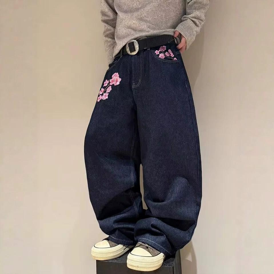 American retro heavy industry plum blossom embroidery loose denim spring and summer high street design straight mopping jeans