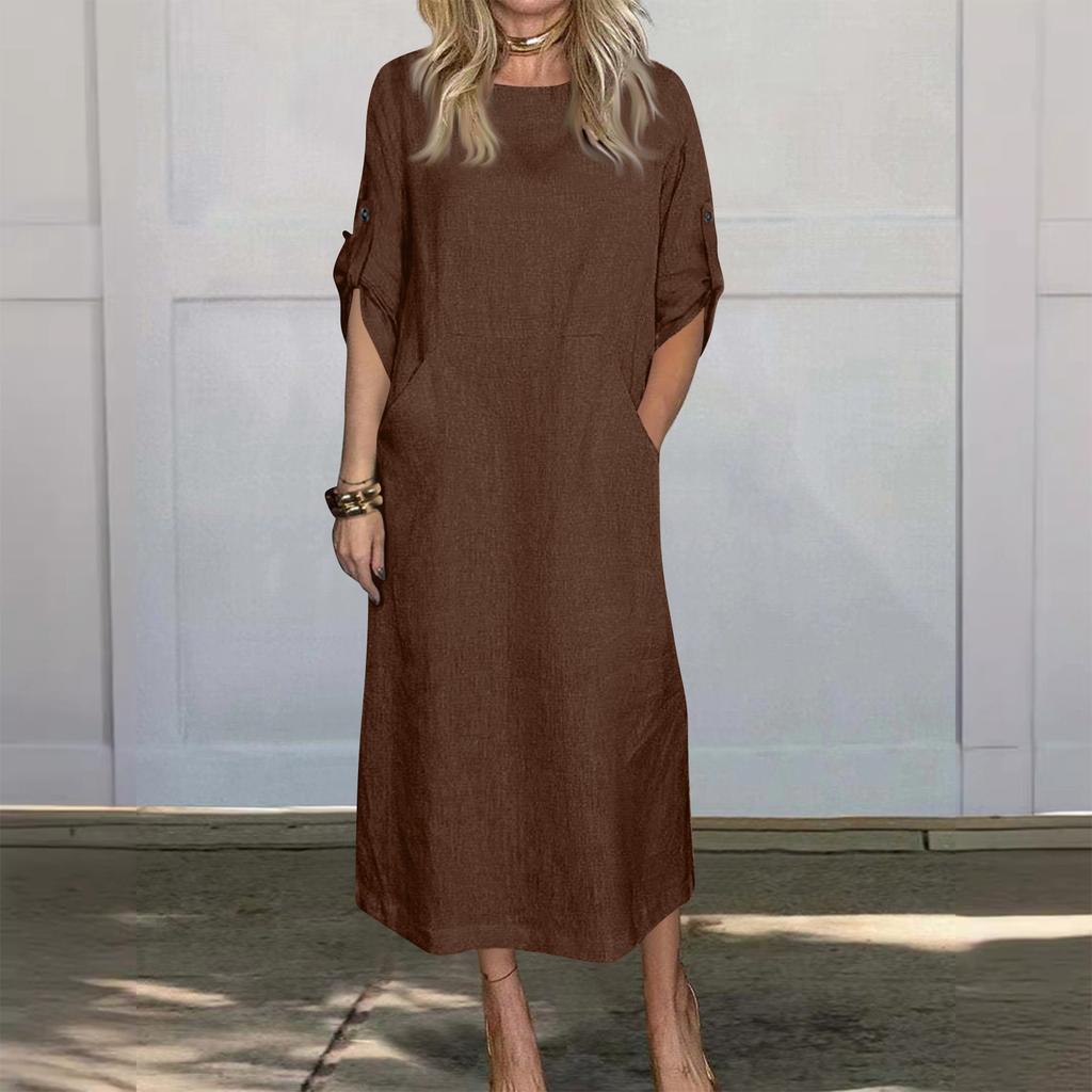 Women’s Round Neck Loose Fit Midi Dress with Rolled Up Sleeves and Side Pockets for Casual and Everyday Wear