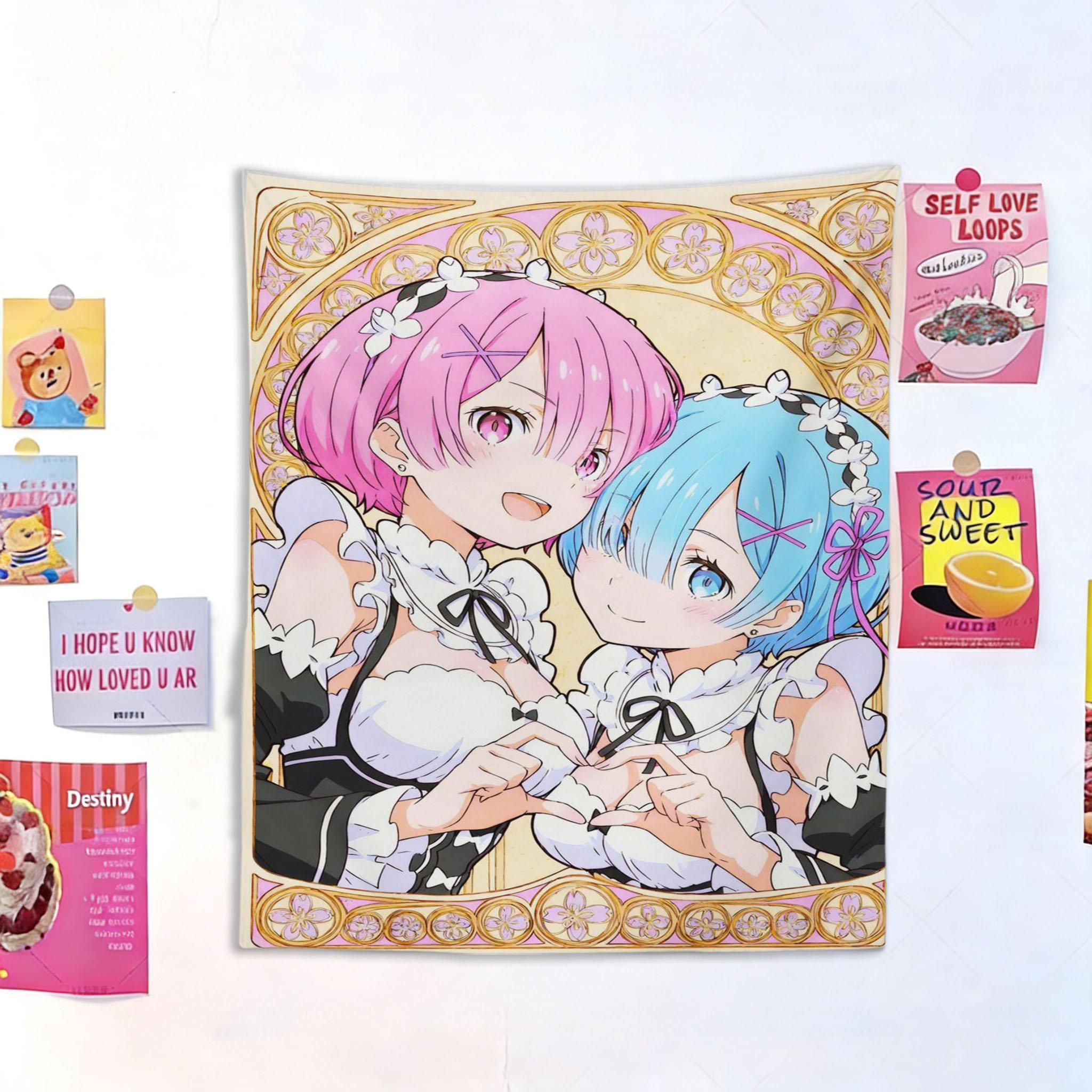 Re:Zero Ram & Rem Tapestry, Art Nouveau Maid Sisters Wall Hanging for Bedroom, Dorm & Otaku Room Decor 100X70CM