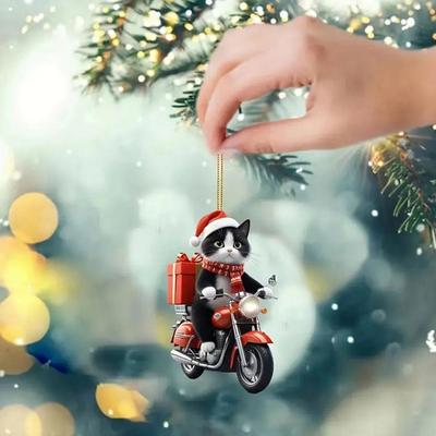 Motorcycle Cat Acrylic Hanging Decoration Christmas Tree Car 2D Flat Riding Kitten Hanging Ornament Cartoon Animal Pendant