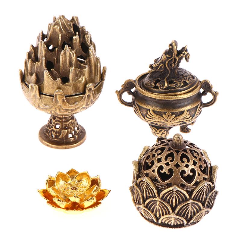 1Pc Retro Alloy Small Lotus Mountain Hollow Out Incense Stick Burner Incense Holder With Cover Home Decoration Crafts