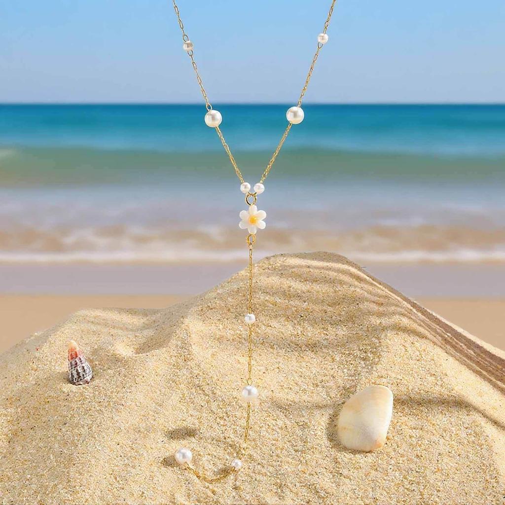 Cold Wind Temperament Collarbone Chain Female, Stainless Steel Size Imitation Pearl Flower Y-Shaped Necklace Nc-2189