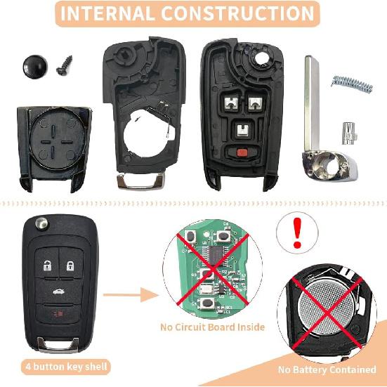 4 Button Key Fob Keyless Entry Remote Shell Case Replacement for Chevy Cruze Equinox Camaro Impala Malibu Sonic Buick Regal Verano Encore Lacrosse