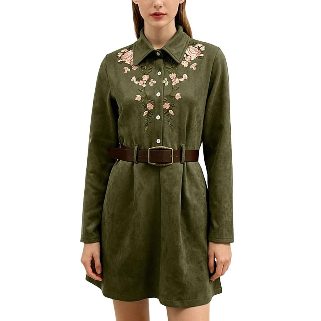 Damen Langarm Lässig Retro Locker Stehkragen Taillenbetonendes Kleid