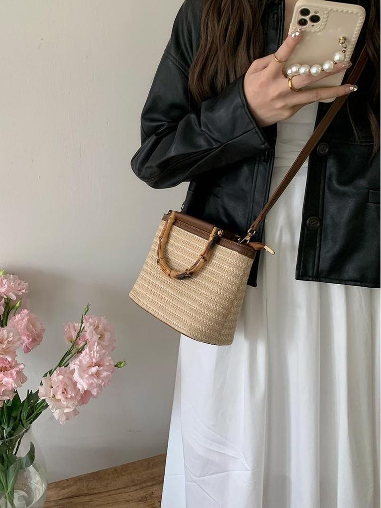 Summer 2025 Woven Straw Crossbody Handbag - Textured Small Bucket Bag for Women