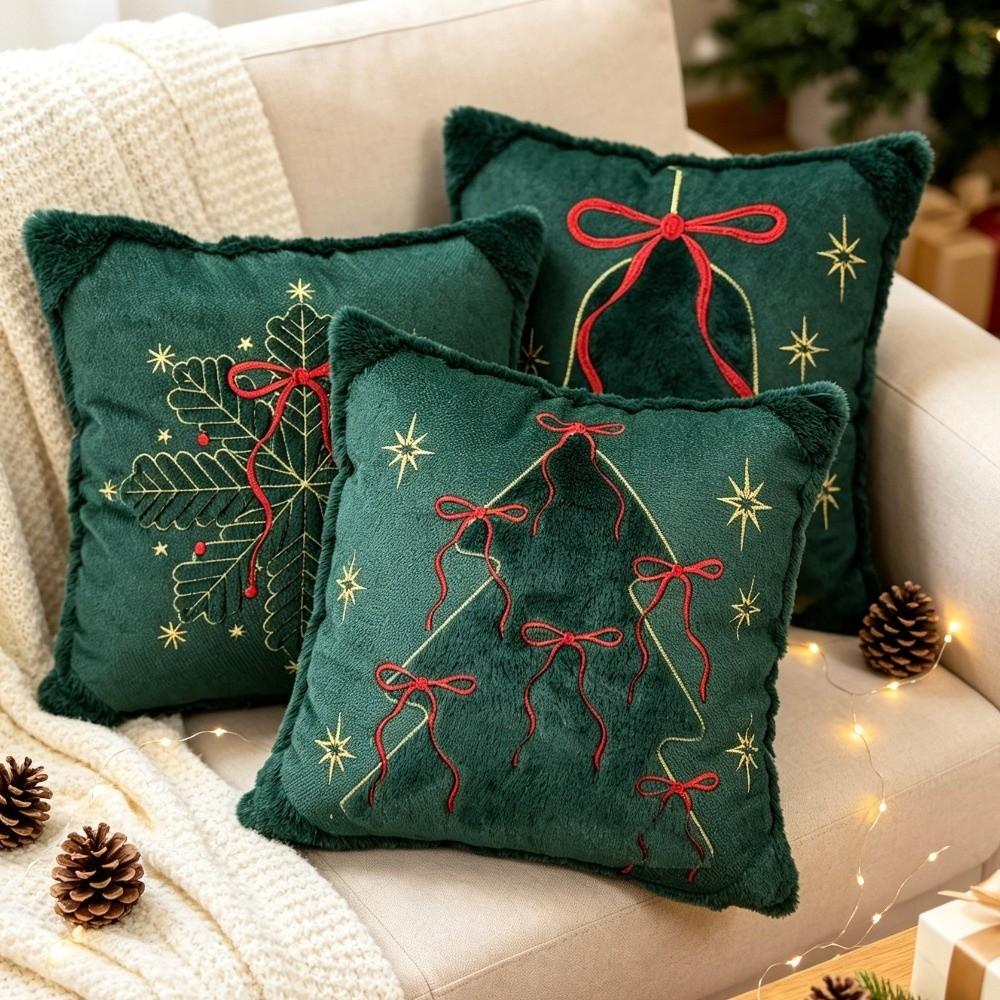 Embroidered Christmas Pillow Cover Soft Square Throw Cushion Cover Bell Bow Snowflake Holiday Cushion Cover Christmas Decor