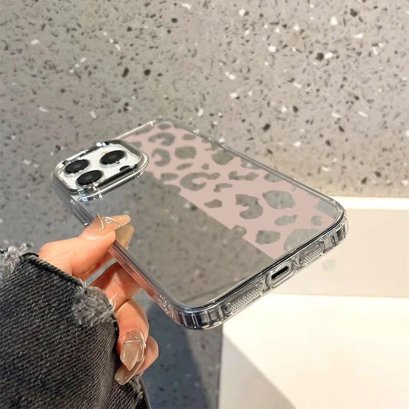 Leopard Print Phone Case For iPhone 15 Case Funda iPhone 13 11 12 14 15 Pro Max Abstract Soft TPU Shockproof Makeup Mirror Cover