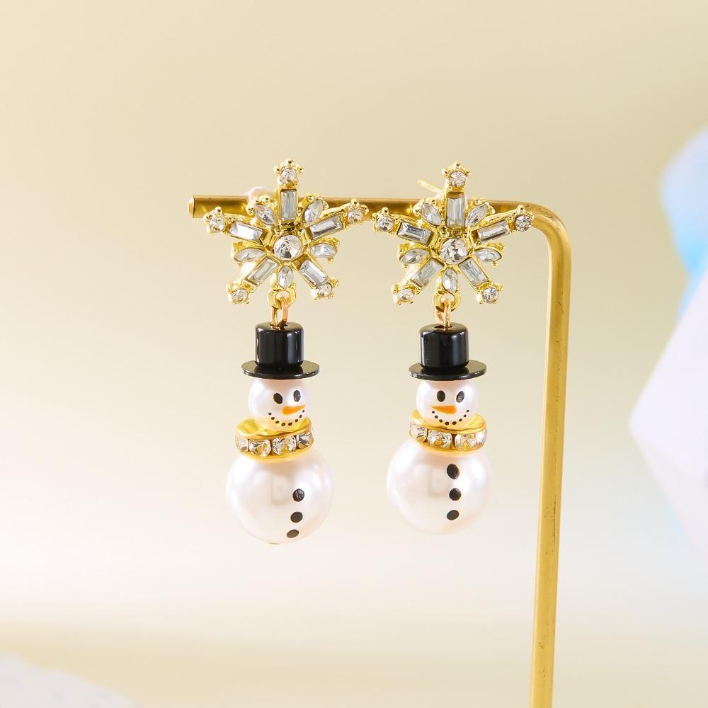 Pearl Snowman Earrings Rhinestone Xmas Dangle Earrings Christmas Earrings  New Year Ear Gift
