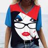 Ladies' V-neck T-shirt 3D Digital Printing Art Abstract Face Fashion Casual Trend Printed Short Sleeved Shirt