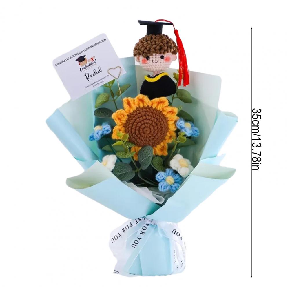 Woven Flower Bouquet Handmade Crochet Graduation Bouquet with Doll Artificial Sunflower Puff Flowers 2026 Grad Party Gifts