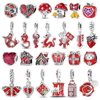 Red Series 925 Silver Koi Heart Mushroom Firecracker Coffee Machine Charm for DIY Bracelet Necklace Fun Gifts