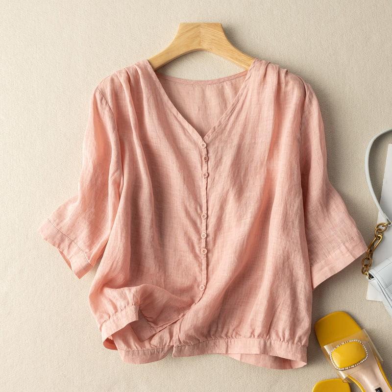 Summer New Literary and Retro Cotton and Linen V-neck T-shirt Half-sleeved Loose and Comfortable Large Size Thin Fashion Simple Top Women