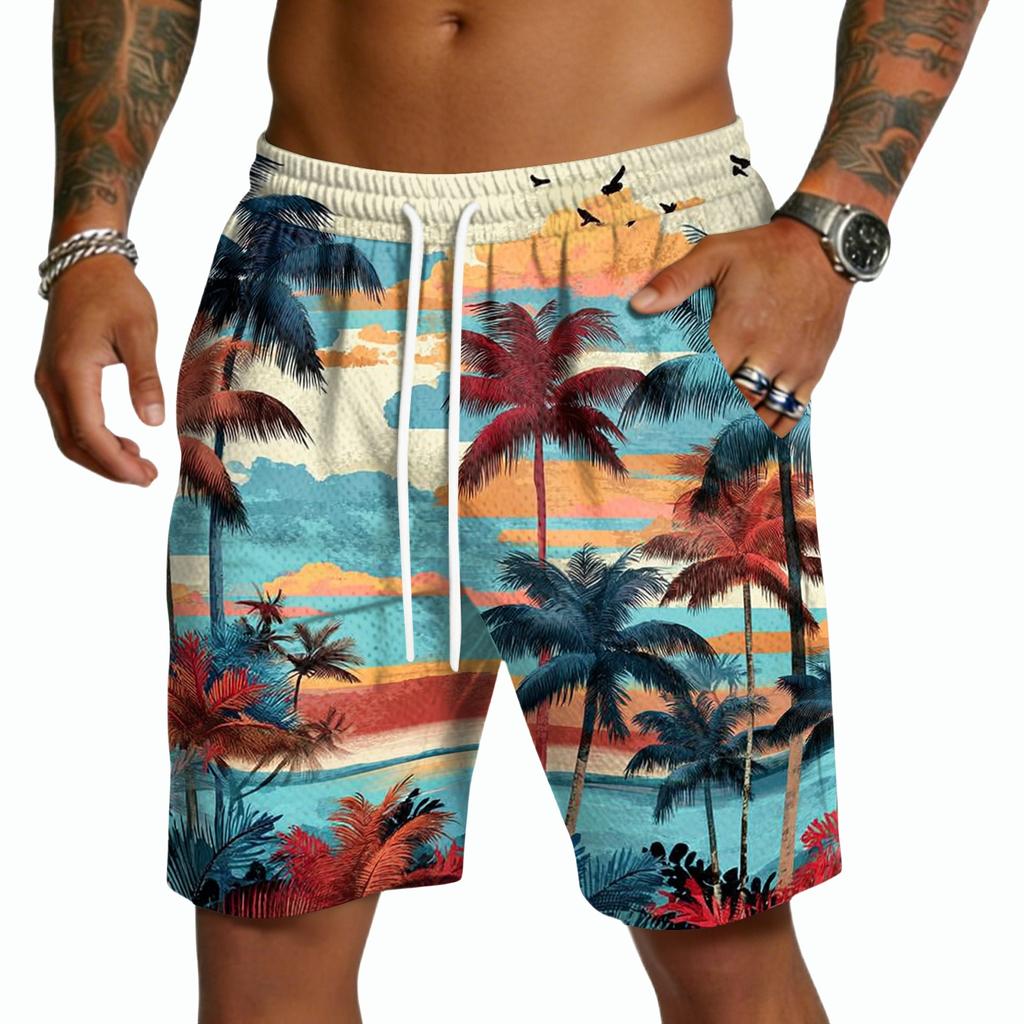 Men's Casual Hawaiian Print Drawstring Shorts Lightweight Quick Dry Beachwear Five Inch Inseam Swim Trunks with Pockets