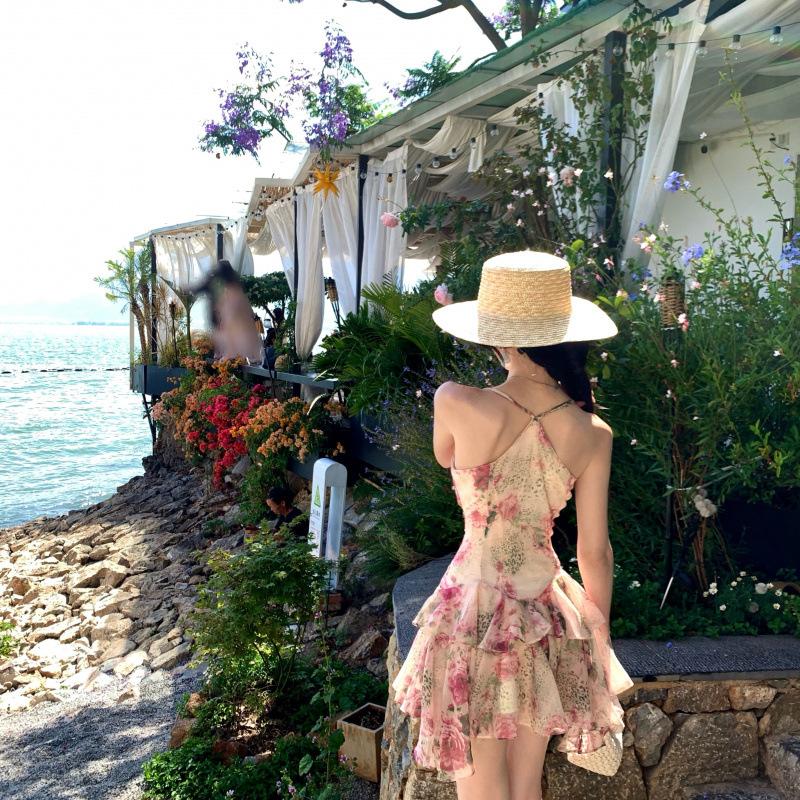 Seaside Wear French Gentle Pink Floral Suspender Dress Women's Summer Waist Thin Lotus Leaf Edge A-word Skirt