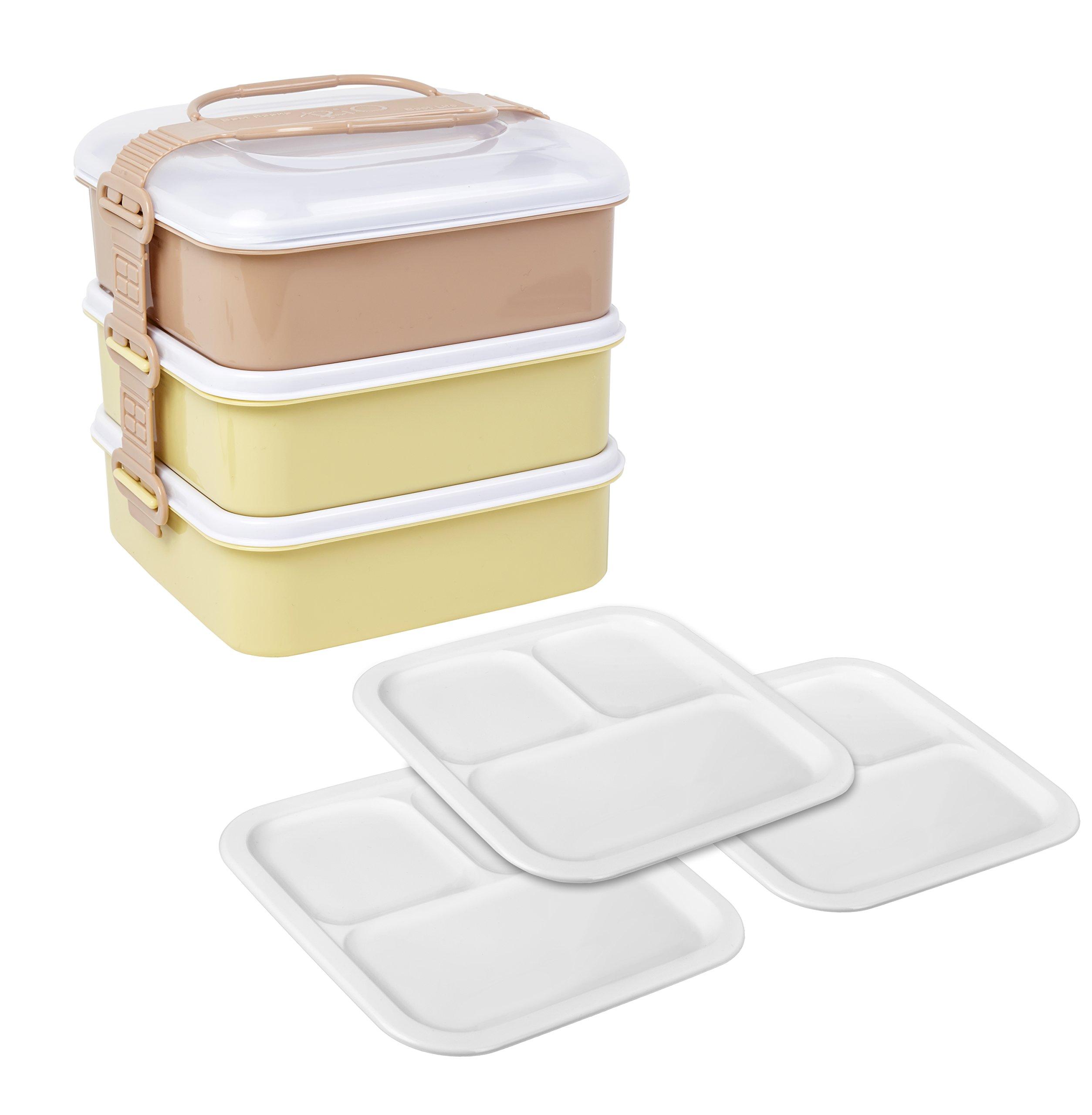 

Sanko Plastic Rio Pack Bento BoxPicnic Case, 3 Tiers with 3 Side Plates, Earth Beige, Approx. 8.2 W x 7.7 D x 7.7 H