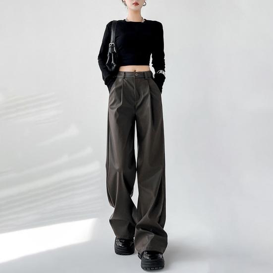 Women Spring Pants High Waist Wide-Leg Imitation Leather Trousers with Pockets Solid
